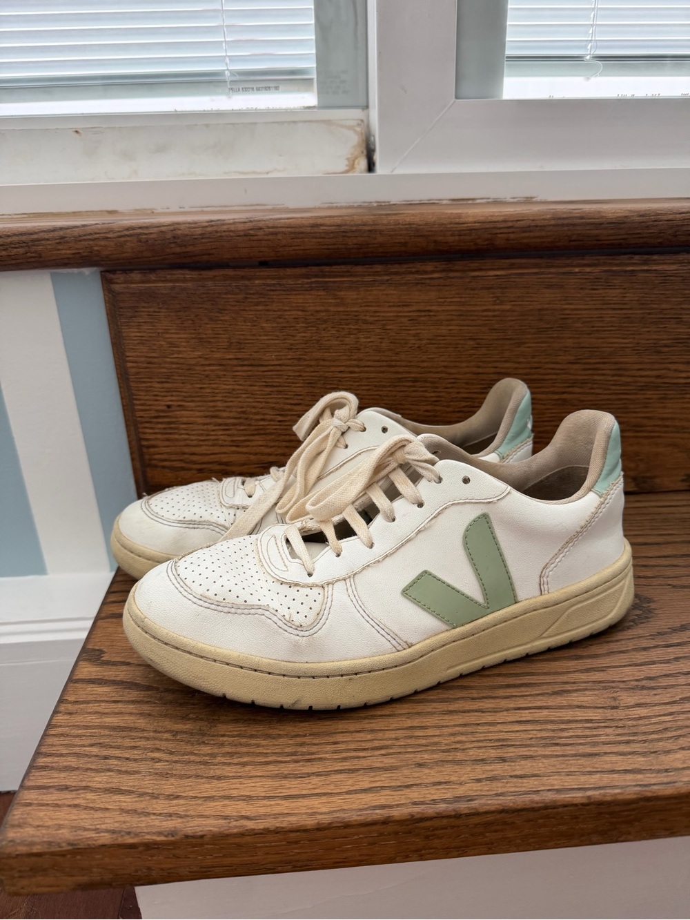 Veja Cream Leather Sneakers with Mint Green V Accents